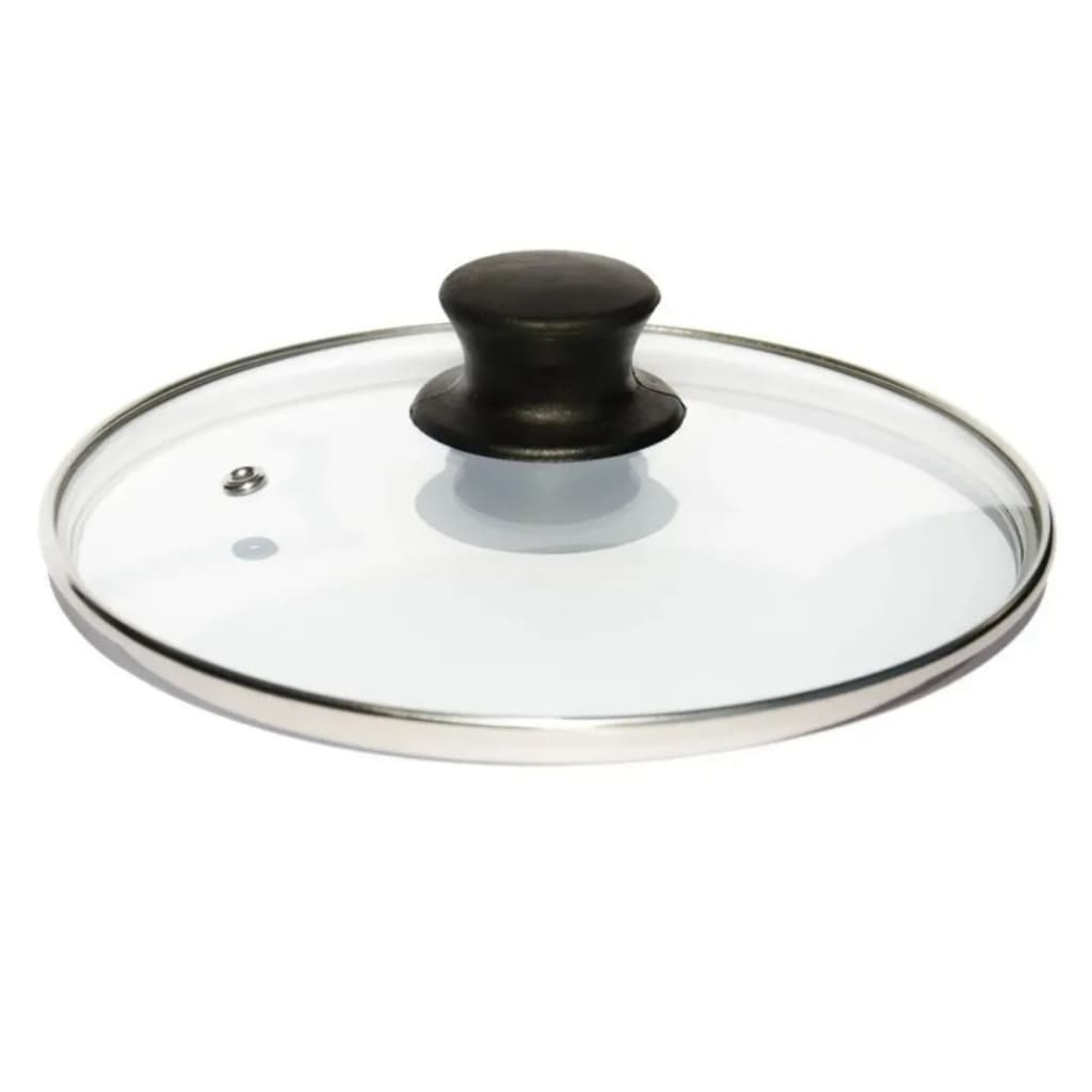 Tampa de Vidro 16 cm com Borda de Aço Inox e Pomel com Saida para Vapor Preto