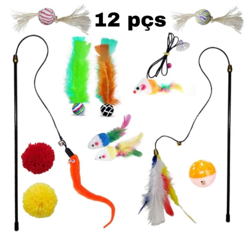 Conjunto 12 pçs de brinquedos interativos para gatos Handfree, Stick Playing, Gatinho, Teaser, Varinha, Ventosa, Pássaro, Pena, Varinha Brinquedos