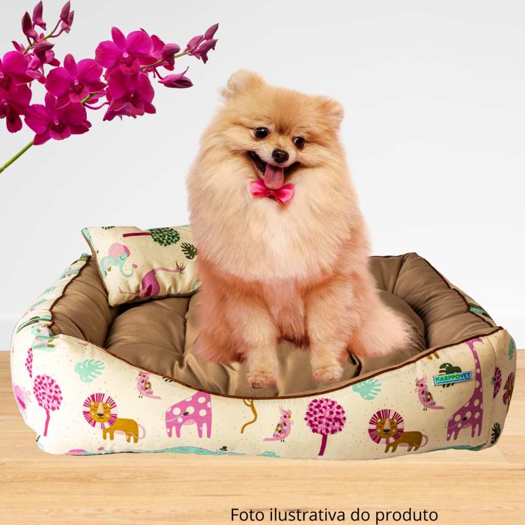 Cama caminha pet cachorro gato luxo, estampa SAFARI, tamanho G (70x60x17cm)