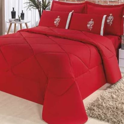 KIT CONFORTO 6 PEÇAS CASAL KING DUPLA FACE EDREDOM + JOGO DE LENÇOL BORDADO PROMOÇÃO ! ( VERMELHO )