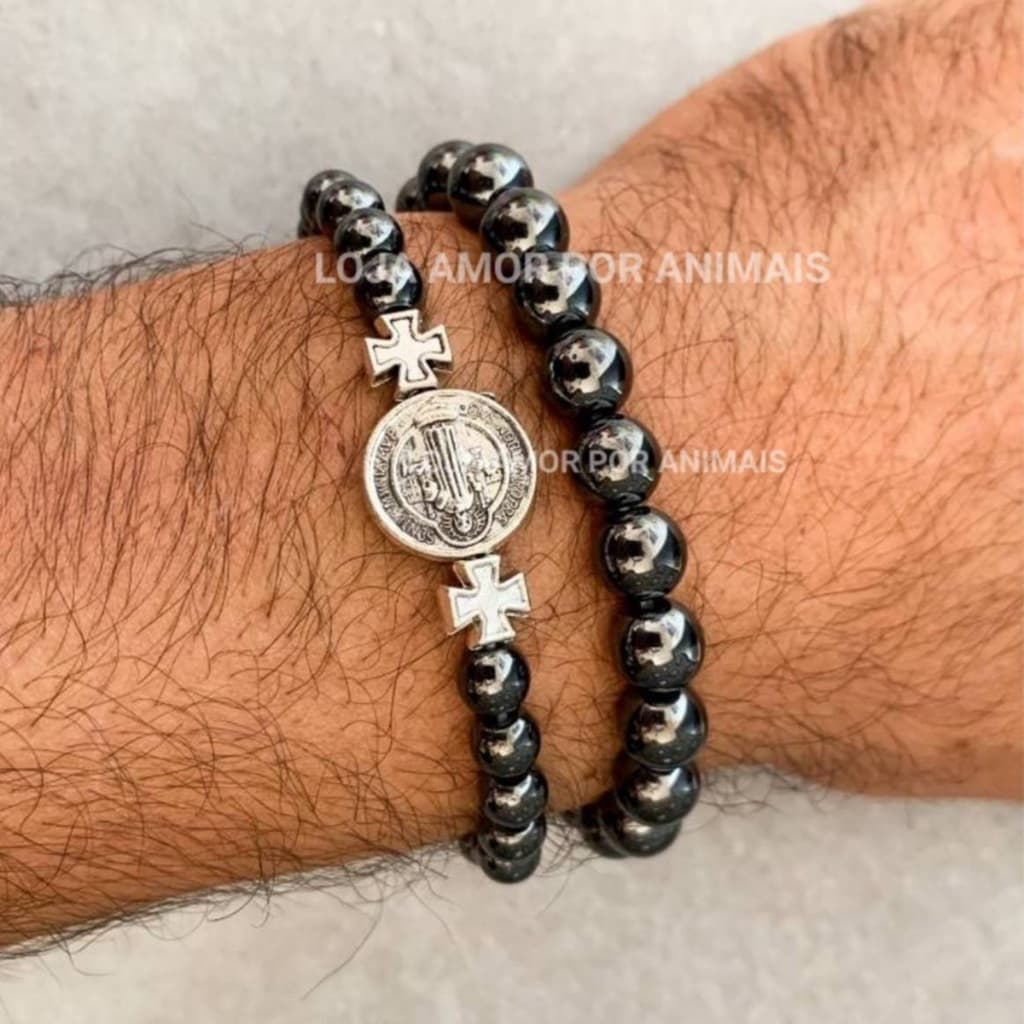 Conjunto Kit 2 Pulseiras Medalha São Bento Pedra Hematita Cruz Crucifixo Bracelete Masc Fem Religios