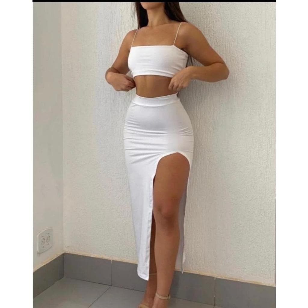 Conjunto / Saia / Croopd Feminina Longa Tendência Gringa com Fenda Grande Supex Premium Oliva