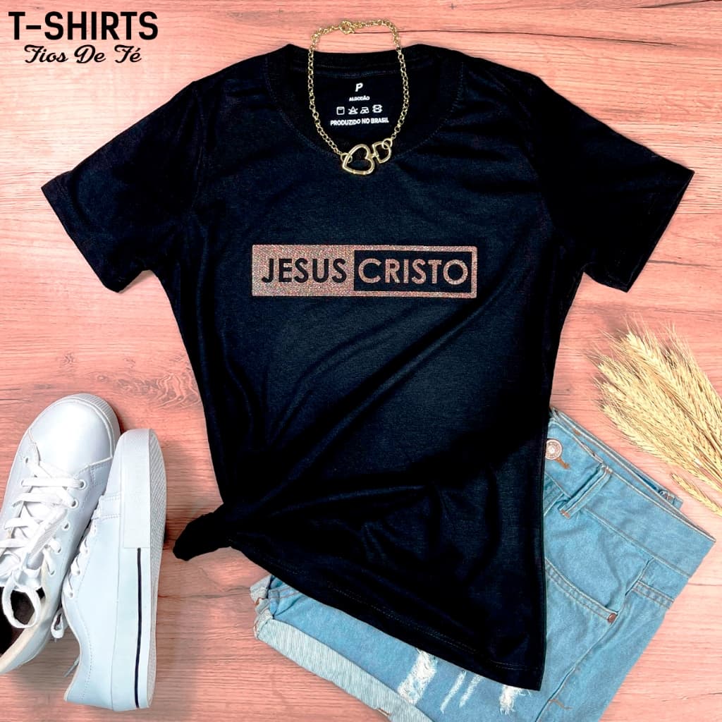 Camiseta Jesus Cristo Glitter Moda Evangélica T-Shirt Feminina Baby Look Algodão Gospel Estilo e Fé
