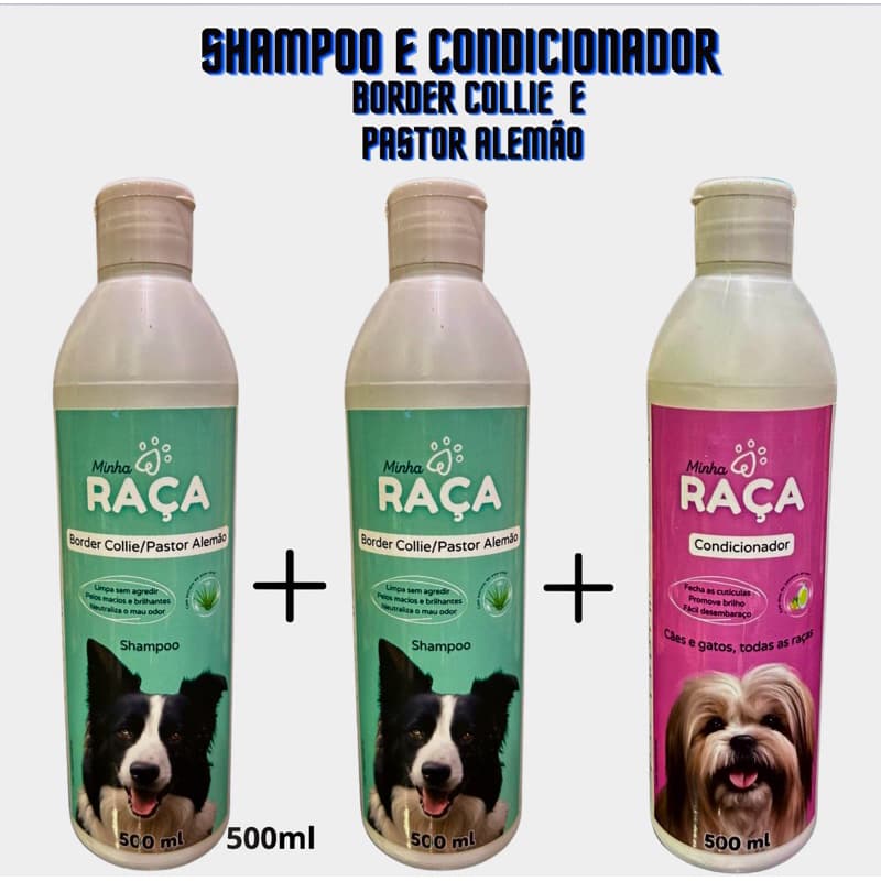 Kit 2 Shampoos e um condicionador Linha Total Care para cães grandes Border Collie, Pastor Alemão 500ml