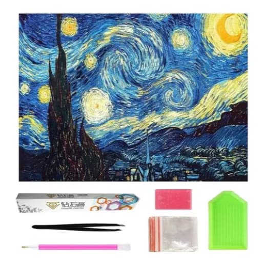 Pintura Diamante Noite Estrelada Van Gogh – Kit 30x40cm Completo DIY – Terapia Antiestresse
