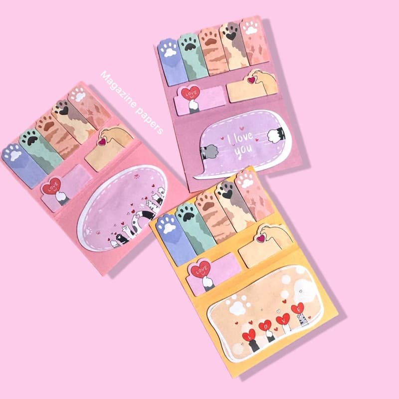 kit 3 bloco de anotações autoadesivo stick notes patinha gatinho escolar
