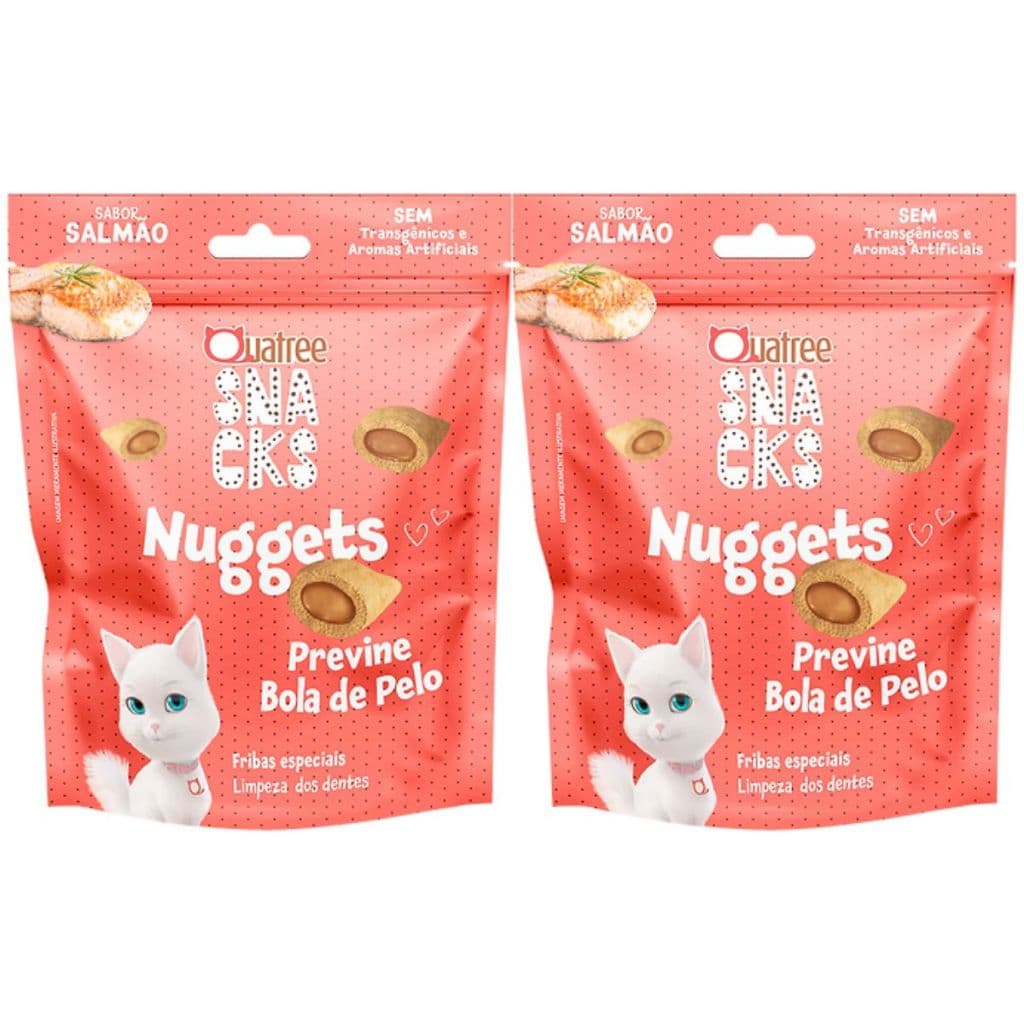 2 Petisco Snack Quatree Nuggets Gatos Sabor Salmão Previne bola de pelos 150g