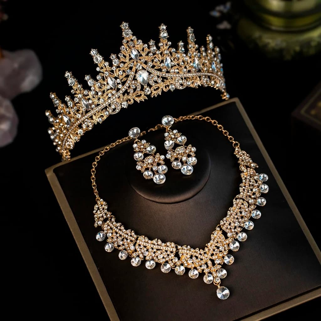 Kit Para Noiva Coroa Colar Brincos Luxo Casamento, Debutante 15 anos Festa Dourada