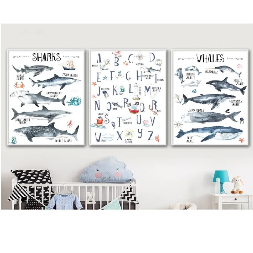 Quadros decorativos Tubarão baleia alfabeto vida marinha (3 peças)