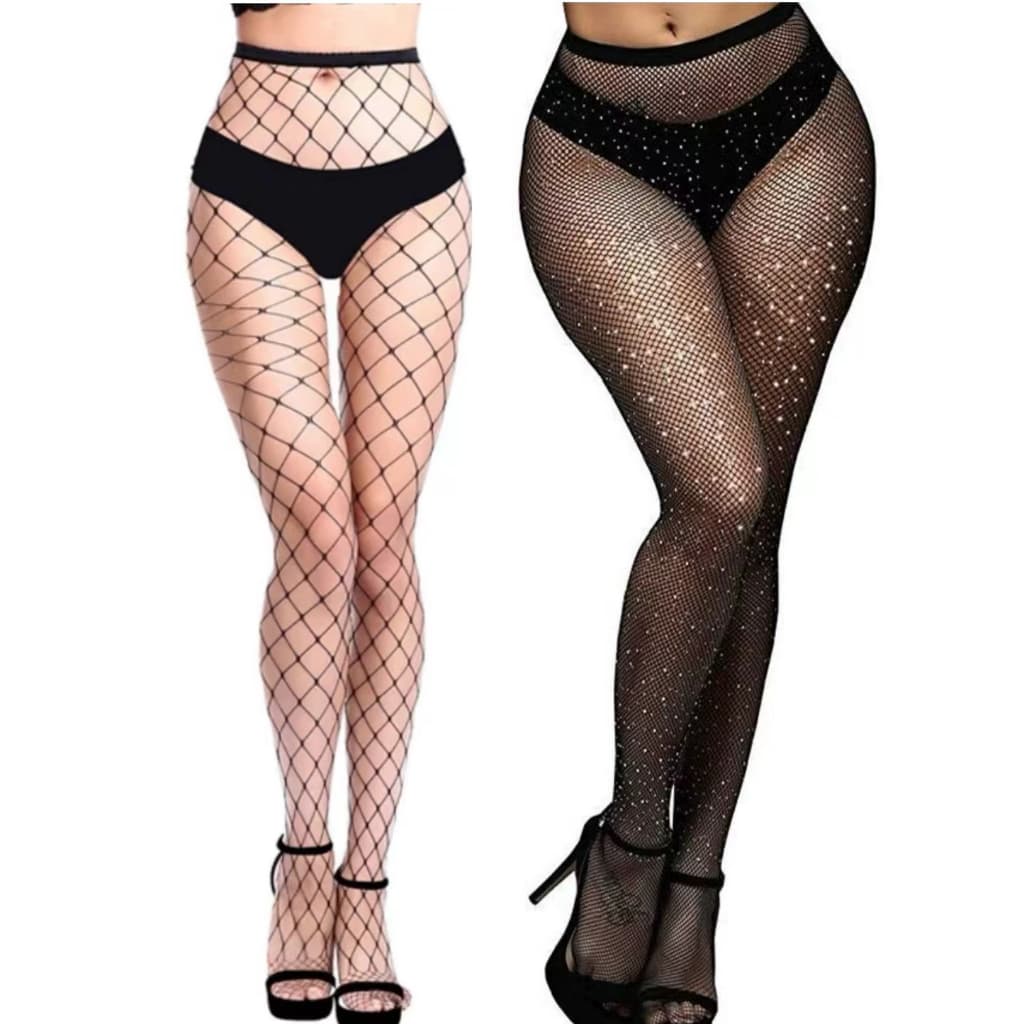 1 Meia Calça Arrastão Com Strass + 1 Meia Calça Arrastão Rede Grande