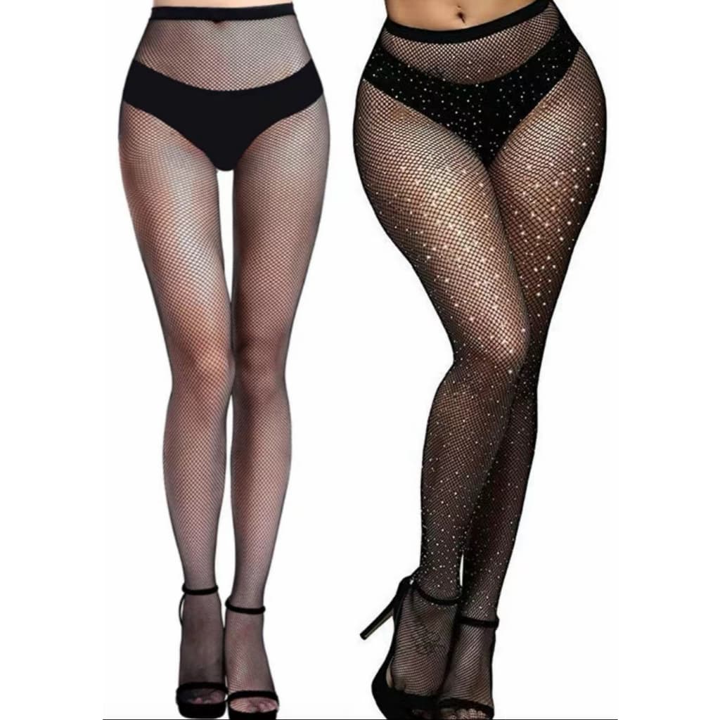 1 Meia Calça Arrastão Com Strass + 1  Meia Calça Arrastão Rede Mini