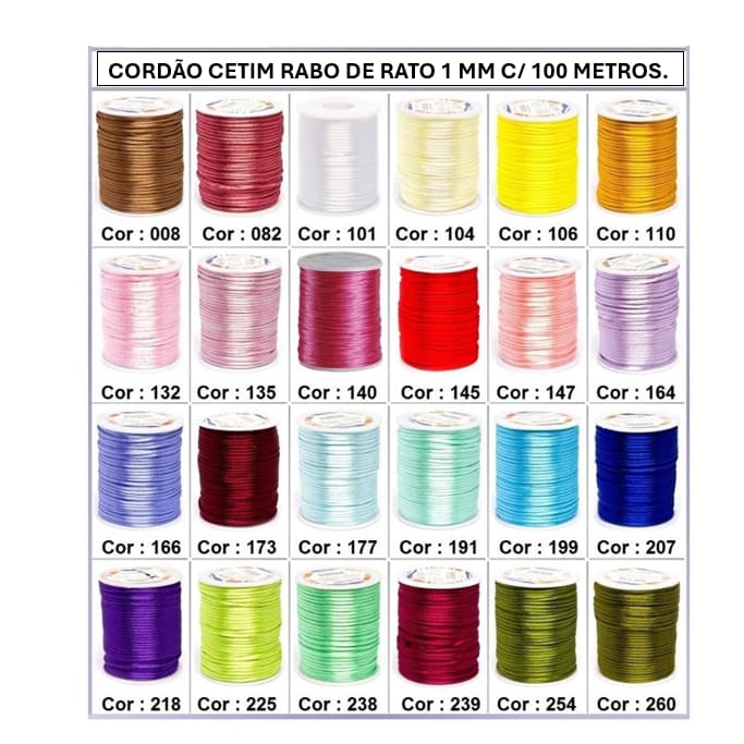 Fio De Seda - Cordão Rabo De Rato Diversas Cores - 1mm - C/100 Metros