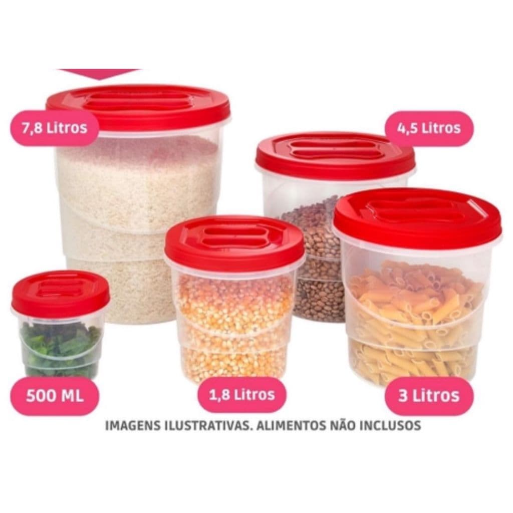 Kit Mantimento Conjunto 5 Potes Com Tampa De Rosca BPA FREE Organizador De Alimentos Pote