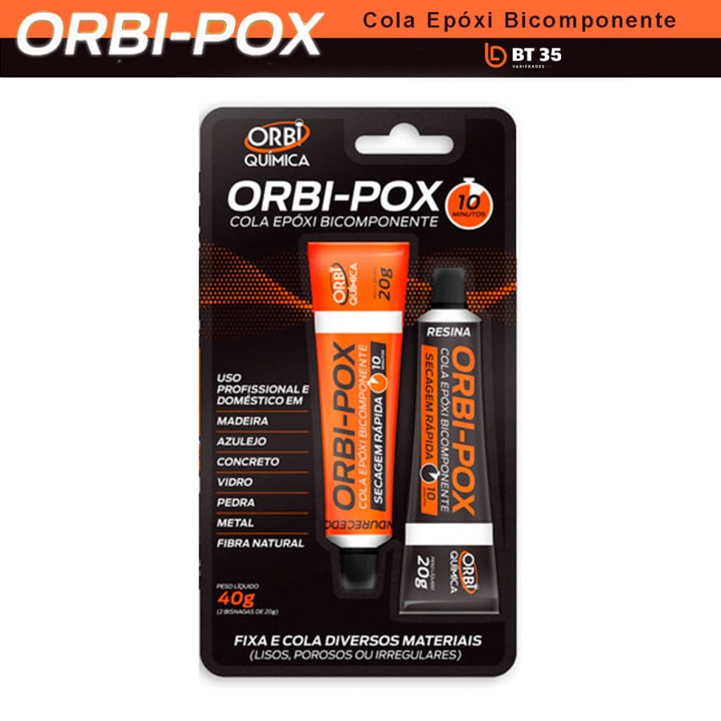 Cola Orbi-Pox 40g Adesivo Epóxi - 10 minutos - Menor Preço - P/ Madeira Azulejo Vidro Pedra