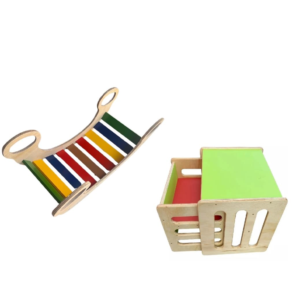 Brinquedo Gangorra Equilibrio Colorida  + Cubo Montessoriano Colorido em Compensado Naval