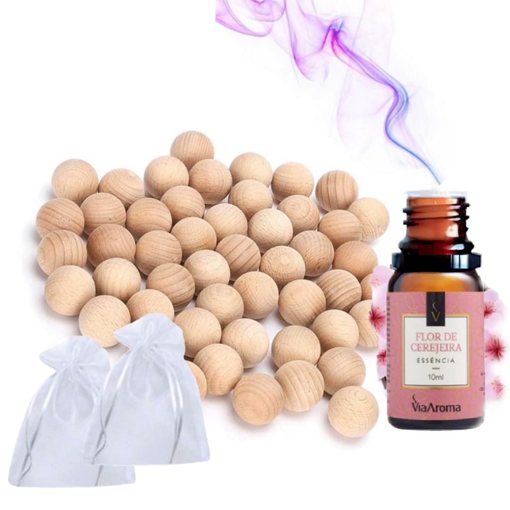 Bola Anti Mofo Traça 50 Un. + 1 Essência Flor de Cerejeira Via Aroma + 10 Saquinhos Organza