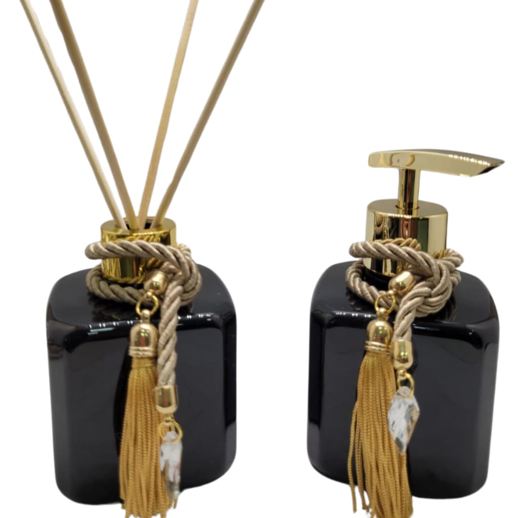 Kit 02 Frascos Pets (plastico) Turmalina com enfeite de cordão para Difusor de Ambiente e Sabonete Liquido Alcool ou