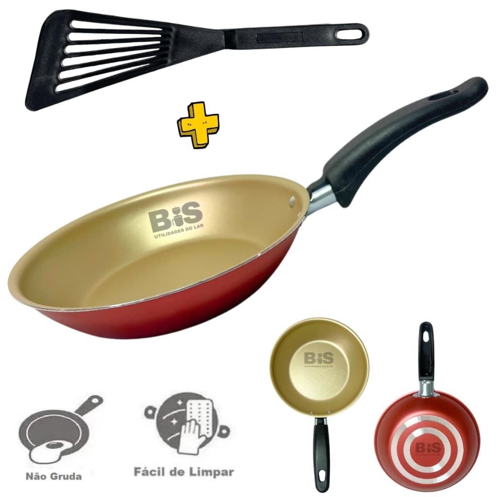 Frigideira Vermelha Antiaderente Francesinha 18cm Com Espátula Nylon Kit Com 2 Peças