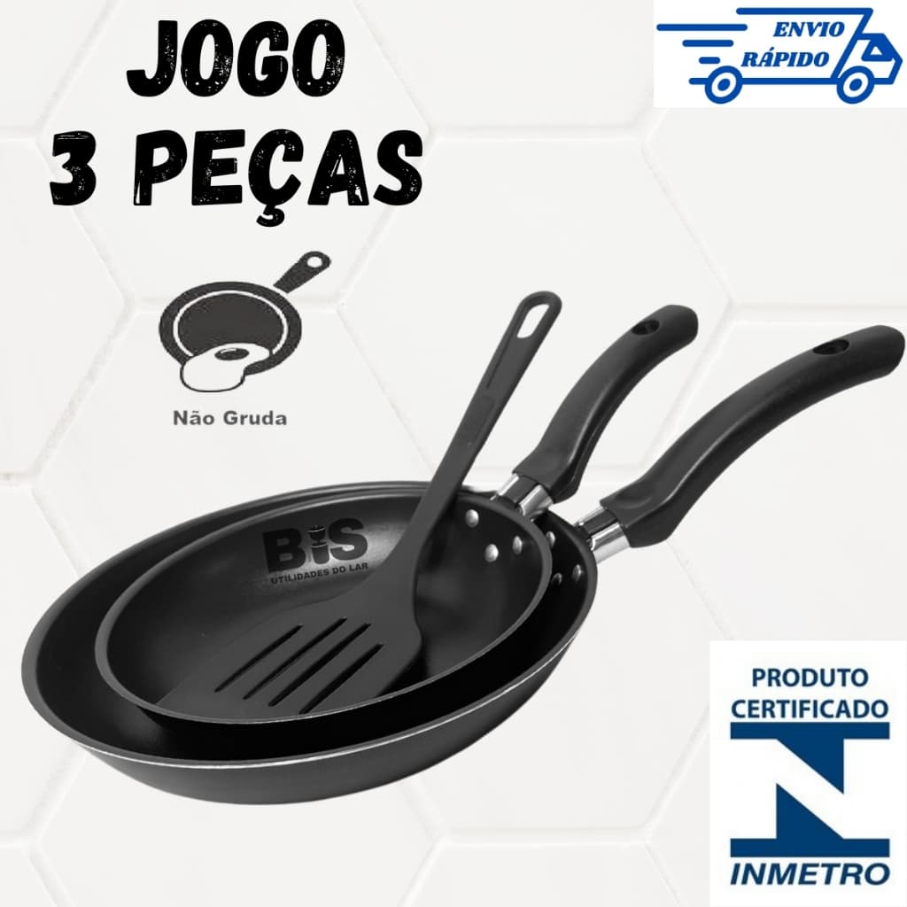 Jogo 3 Peças Frigideira Francesinha Antiaderente Kit com 2 Frigideiras Teflon 16/20 + 1 Espatula