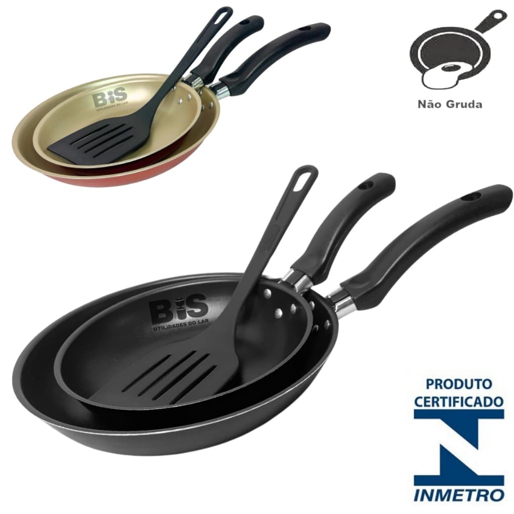 Jogo 3 Peças Frigideira Francesinha Antiaderente Kit com 2 Frigideiras Teflon 16/20 + 1 Espatula