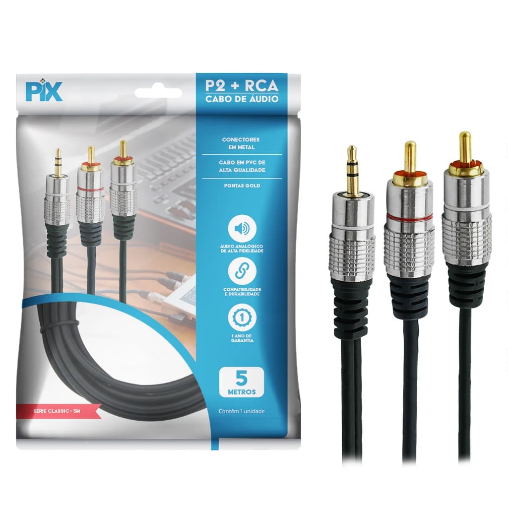 Cabo P2 Estéreo X 2 RCA - Níquel Fitz - PIX