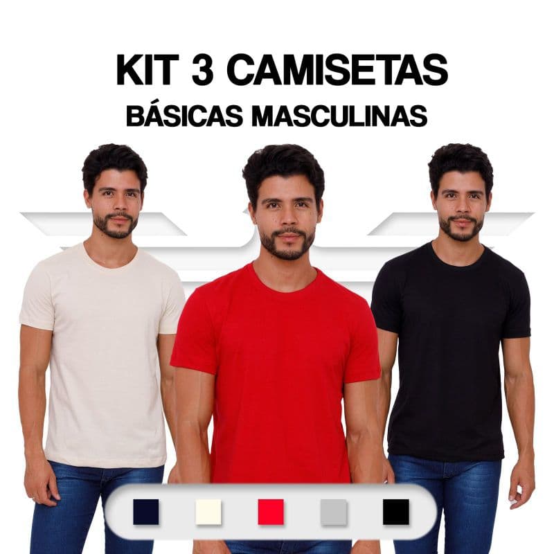 Kit 3 Camisetas Básicas Masculinas 100% Algodão Premium WG | Camisa Masculina Casual Confortável Academia