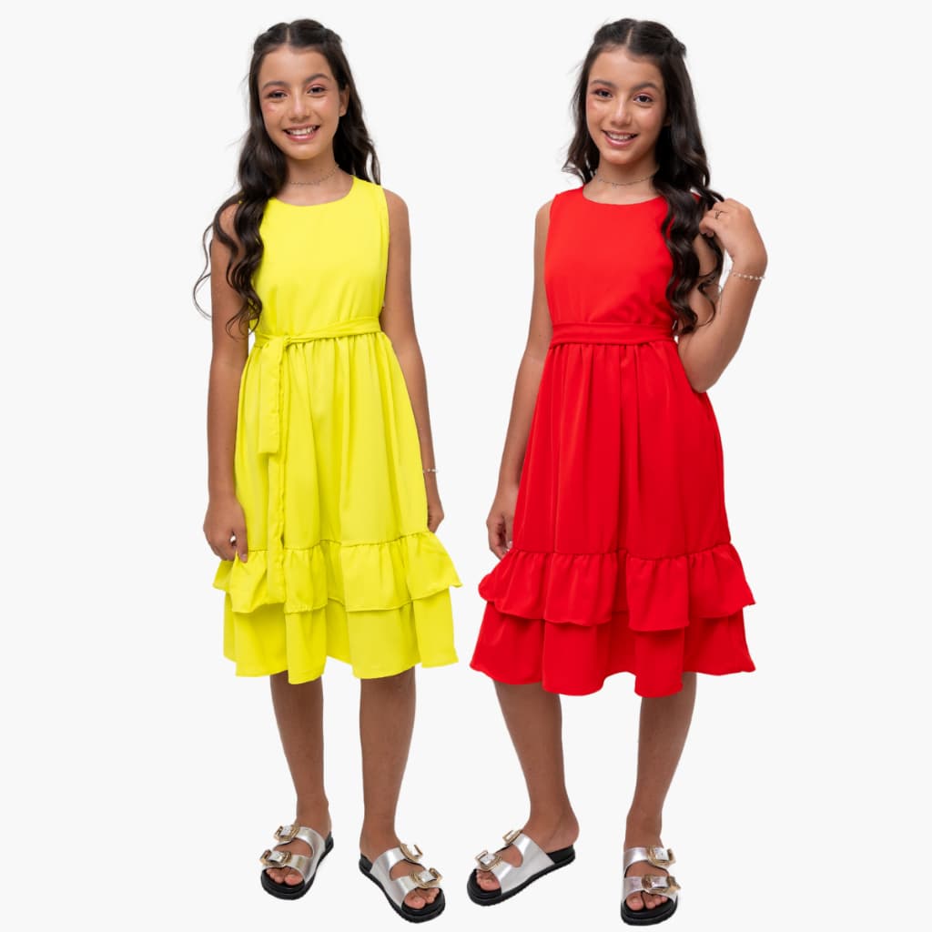 Kit 2 Vestidos Mid Infantil Menina Juvenil no tecido 4, 6, 8, 10, 12 e 14 anos cor lisa