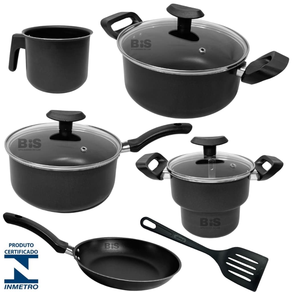 Jogo de Panelas Kit 6 Peças Antiaderente Tampa Vidro Conjunto Teflon Preto Kit 6 Pçs
