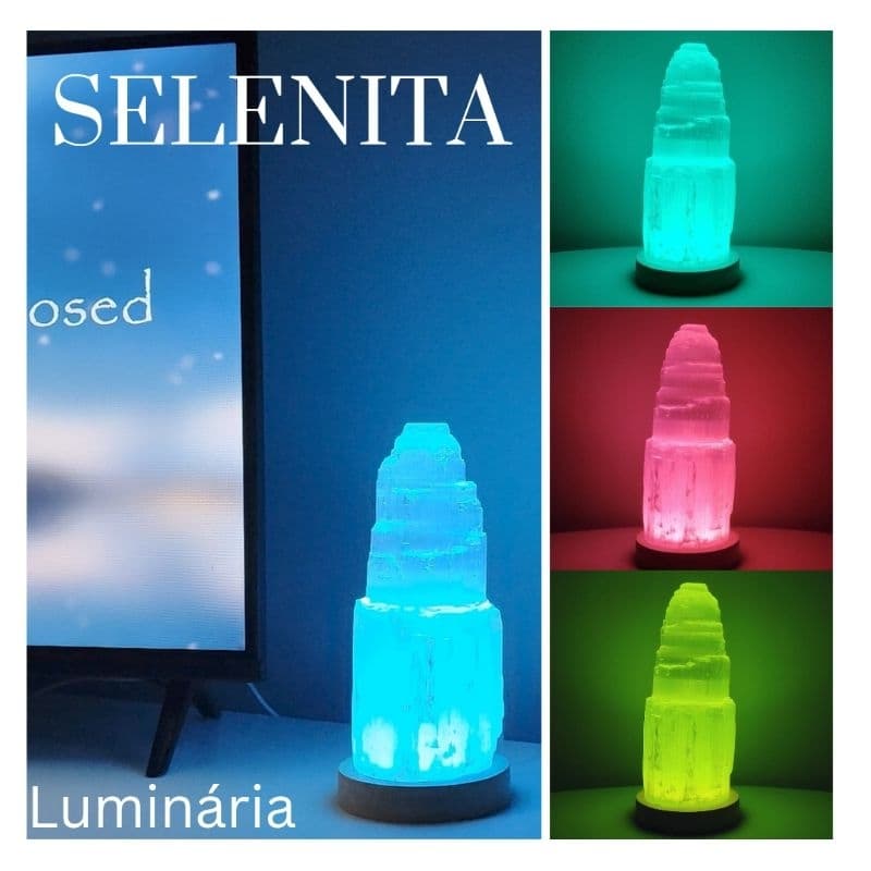 Luninária 20cm Torre de Selenita Natural Transição de Cores Limpeza Energética