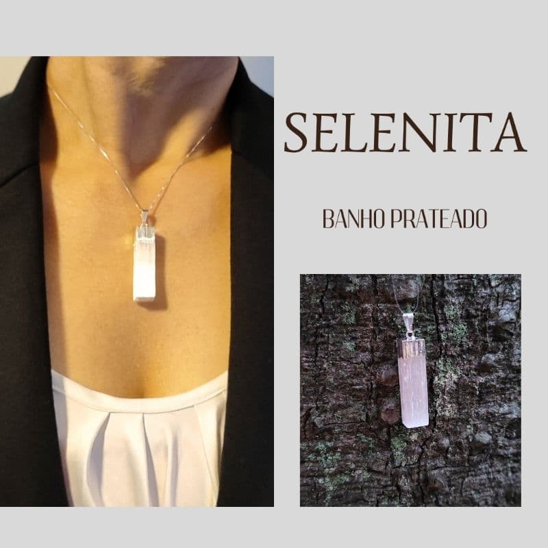 Pingente Selenita Natural Bruta Limpeza Energética Banho Dourado Prateado