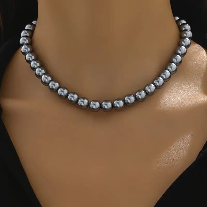 1 Peça colar chocker perola 8mm cinza Colar perloa grafite colar moda cumbo fashion tendencia 2025