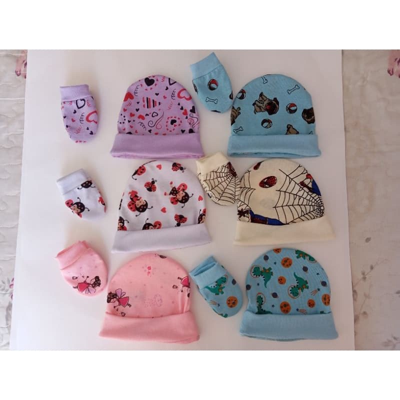 kit 6 toucas 6 pares de luvas estampadas
