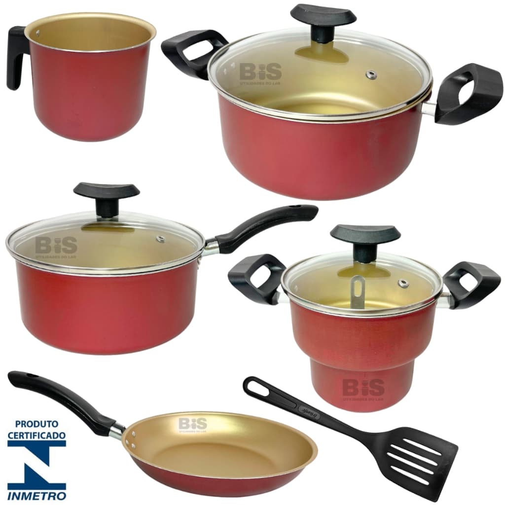 Jogo de Panelas Kit 6 Pçs Teflon Com Tampa de Vidro Conjunto Antiaderente Vermelho Kit 6 Peças