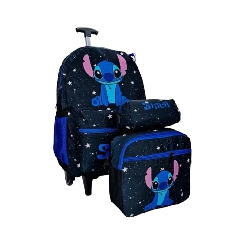 kit mochila lancheira e estojo  rodinha infantil Lilo Stitch preto escolar tamanho g envio hoje