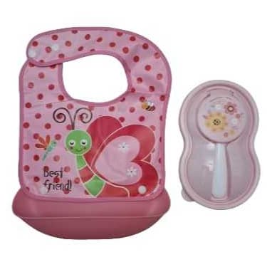 Kit Introdução Alimentar Bebê  Babador Silicone  Cata Migalha com Pote Papinha e colher Menina