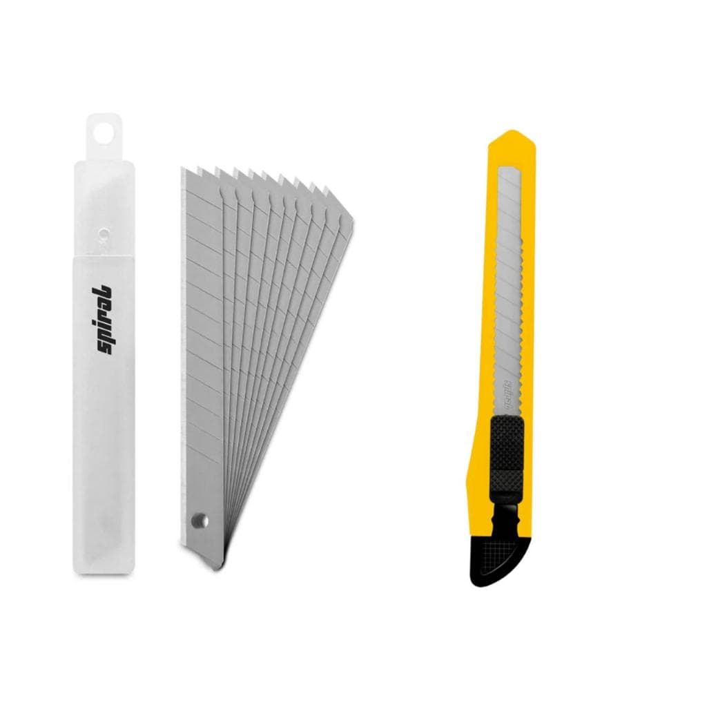 Estilete Estreito em Plástico  com 10 Lâminas - Lâmina 9mm - Estilete Amarelo - Spiral