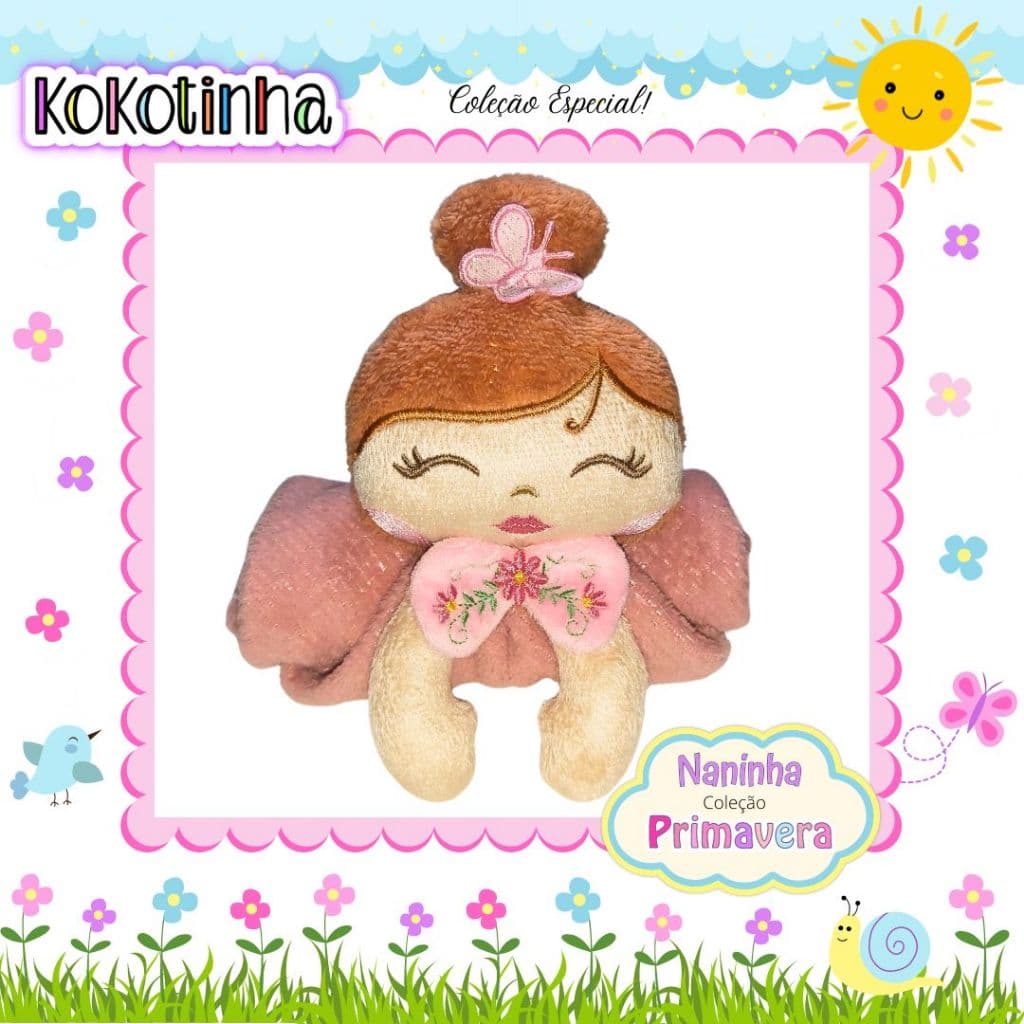 Naninha para bebês - Naninha boneca - Mantinha bonequinha com flores e borboletas - paninho de apego- naninha bonequinha