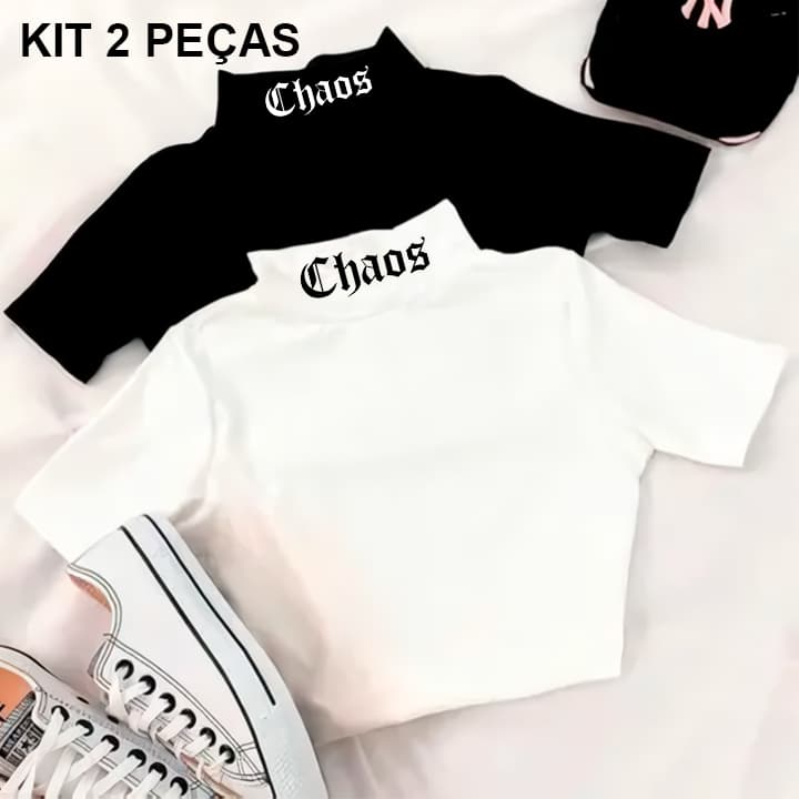 KIT 2 Cropped Blusinha Escrita CHAOS, Gola Alta - Básica Blogueira Alternativa Feminina