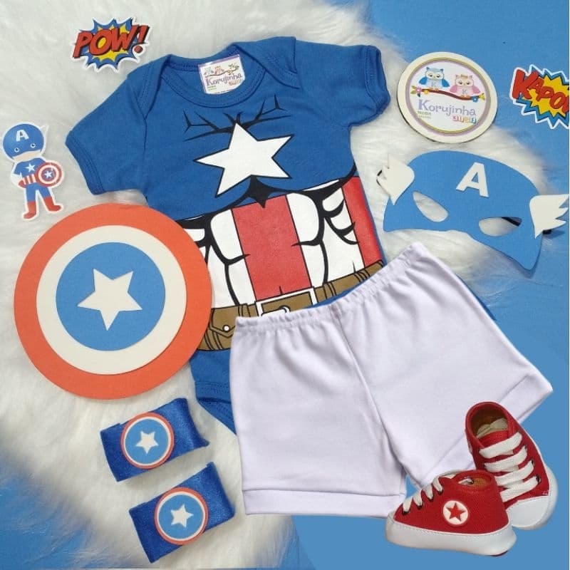 Body Bebê Temático Capitão América Fantasia Mesversário Ítens Opcionais