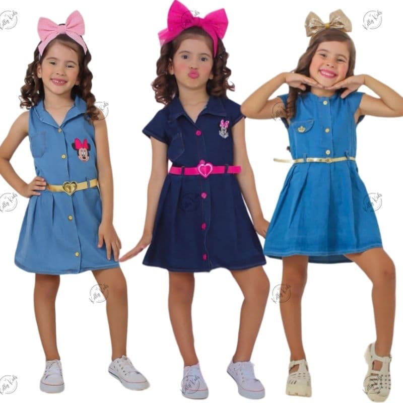 Vestido Infantil Jeans Blogueirinha com  cintinho e botões