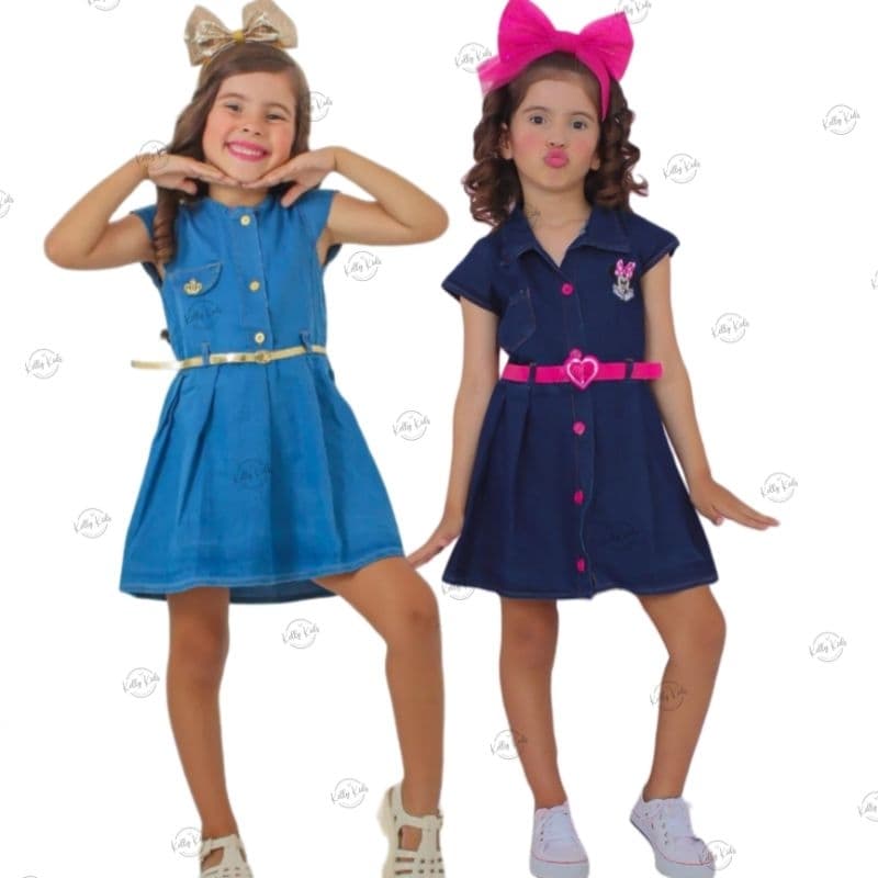 Vestido Jeans Infantil Blogueirinha com  cintinho e botões Minnie