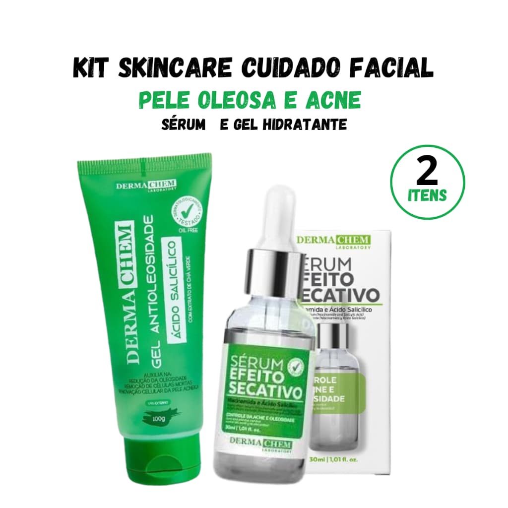 Dermachem Antioleosidade Pele Acneica  Kit Hidratação Sérum Secativo e Gel Facial