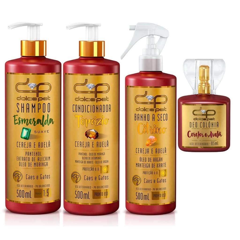 Kit Dolce Pet Shampoo Suave + Condicionador + Banho a Seco + Perfume Cereja e Avelã