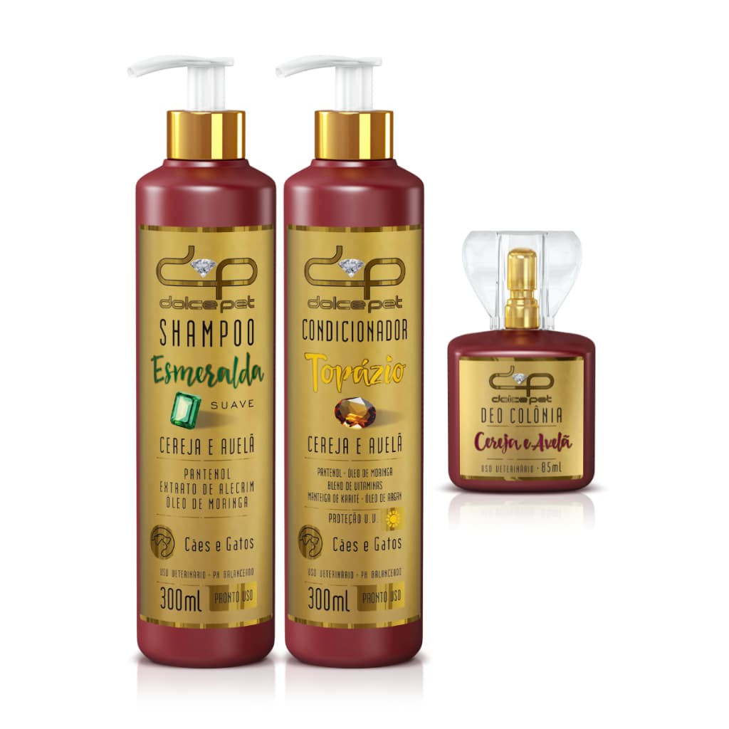 Kit Dolce Pet Shampoo Suave 300 ml + Condicionador 300ml + Perfume Cereja e Avelã Cães e Gatos