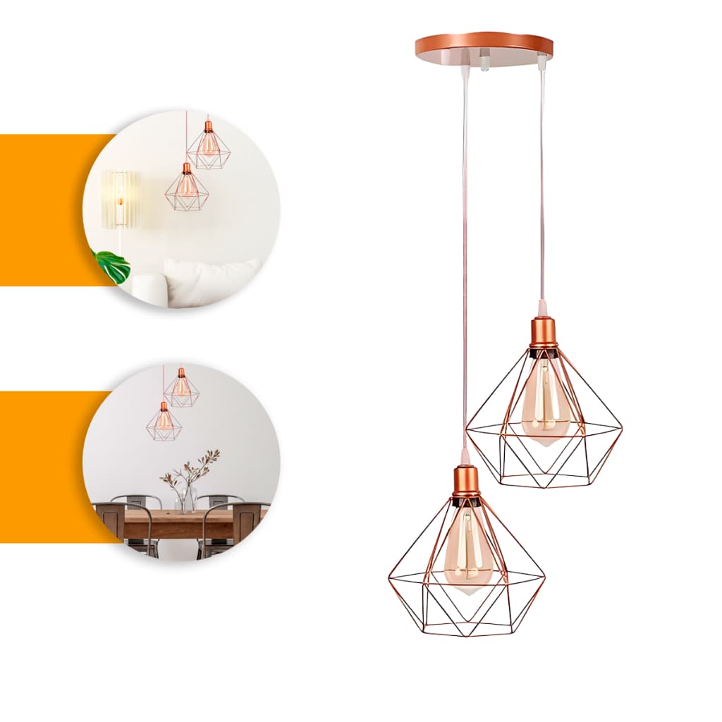 Pendente Aramado Base Dupla Fio Cristal Diamante Luminária Lustre Retrô industrial
