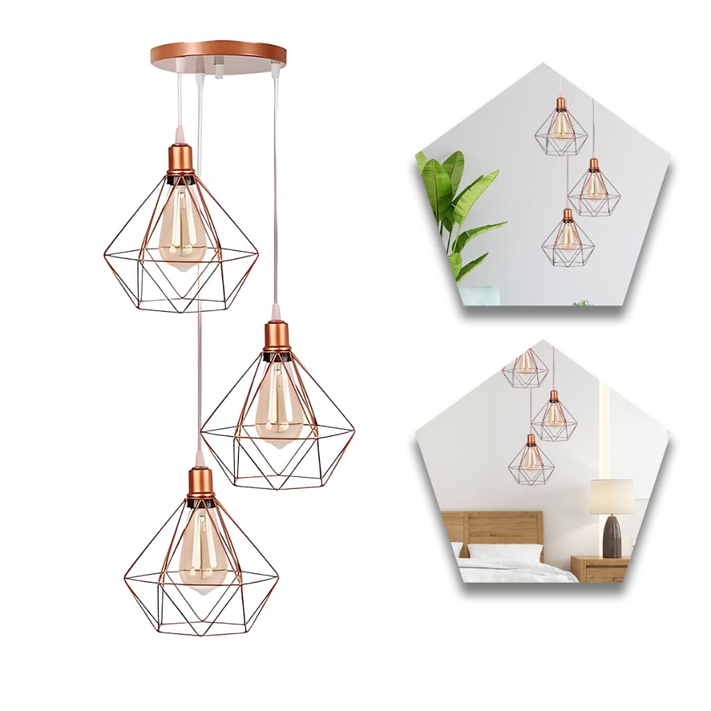 Pendente Luminária Diamante Triplo Rose Gold Cabo Cristal