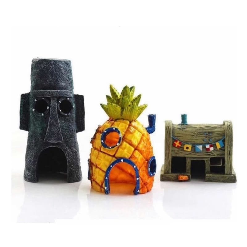 Kit Enfeites De Aquário Fenda Do Biquíni Bob Esponja 3 Casas