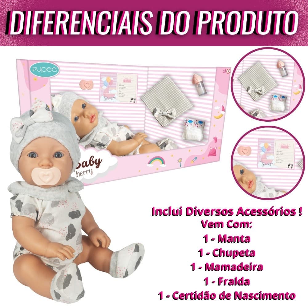 BONECA  BRINQUEDO BEBÊ ME BABY CHERRY COM ROUPINHA E CERTIDÃO DE NASCIMENTO PUPEE