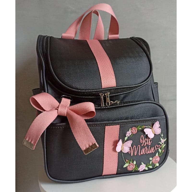 Mochila 2 em 1 Maternidade Preta com Coral Borboletas