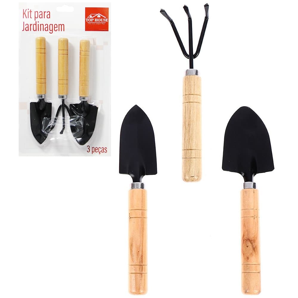 KIT PARA JARDIM JARDINAGEM 3 PEÇAS -COM 02 PÁS + 01 ANCINHO/ RASTELO CABO DE MADEIRA